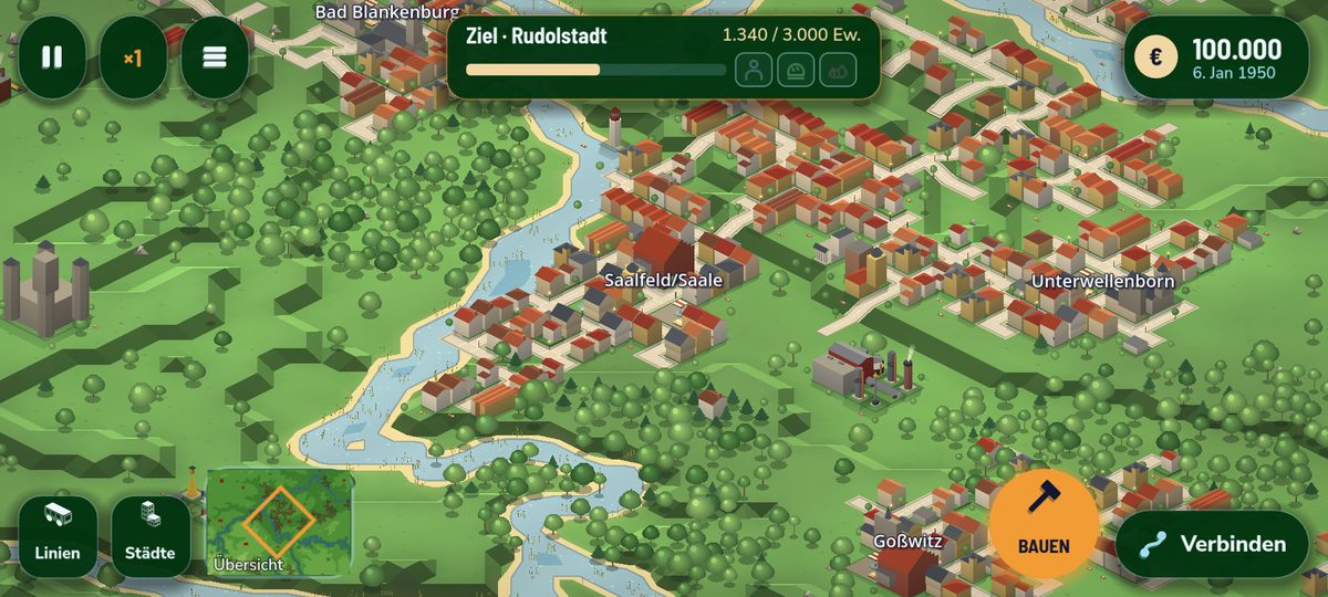 Isometrische Karte mit Städten, Wald, Fluss und Fabrik im Saaletal