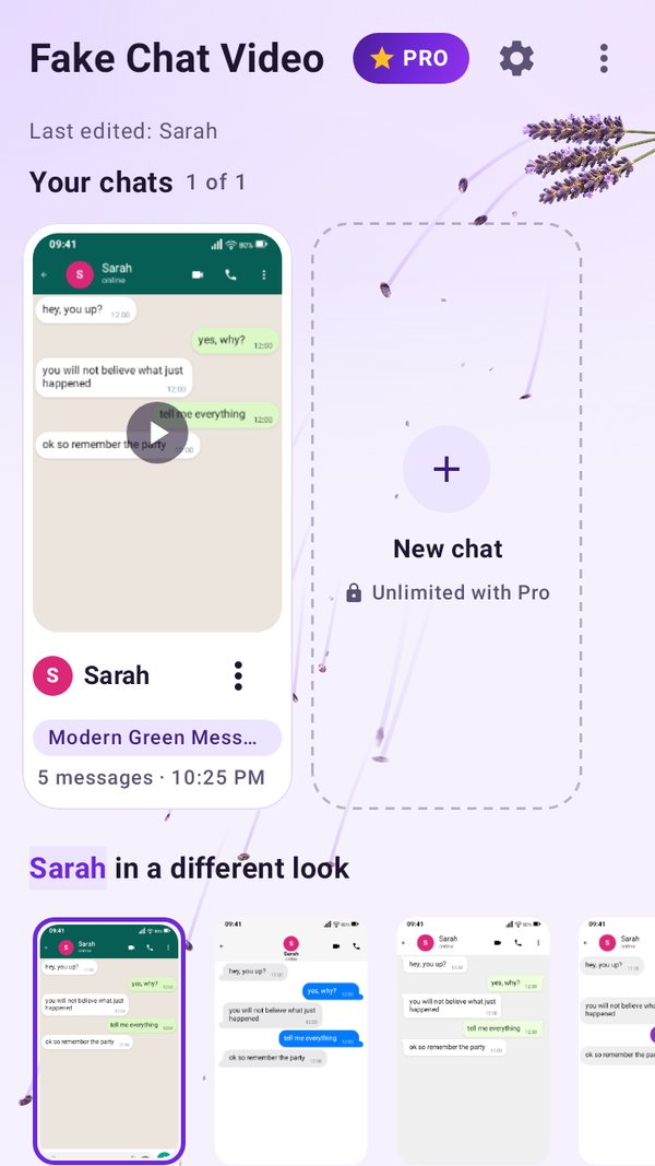 Startbildschirm im Lavendel-Design mit Chat-Karten und Stil-Leiste