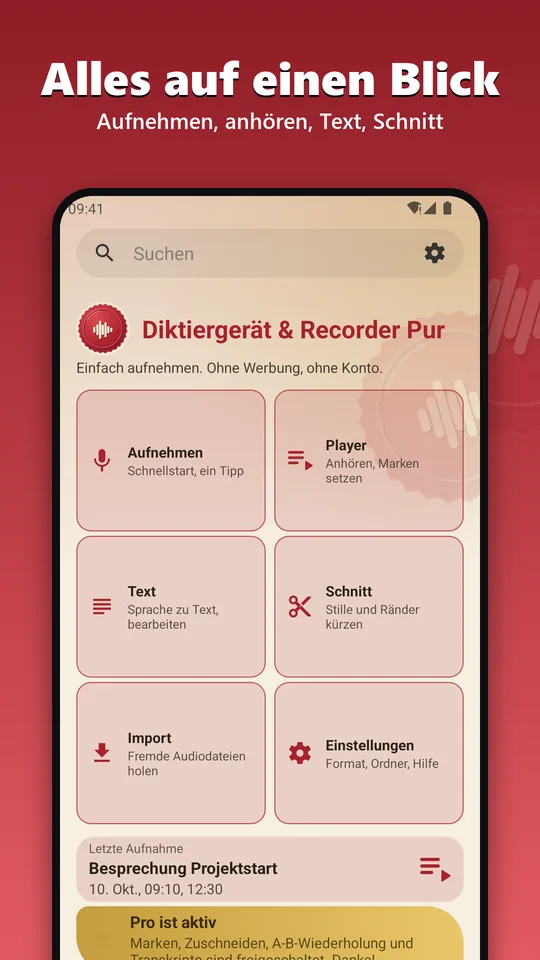 Startseite mit den sechs Funktionen Aufnehmen, Player, Text, Schnitt, Import und Einstellungen