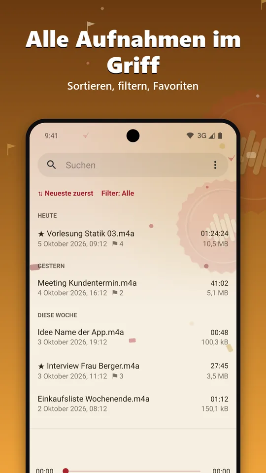 Bibliothek mit Sortierung, Filter, Favoriten und Datumsgruppen