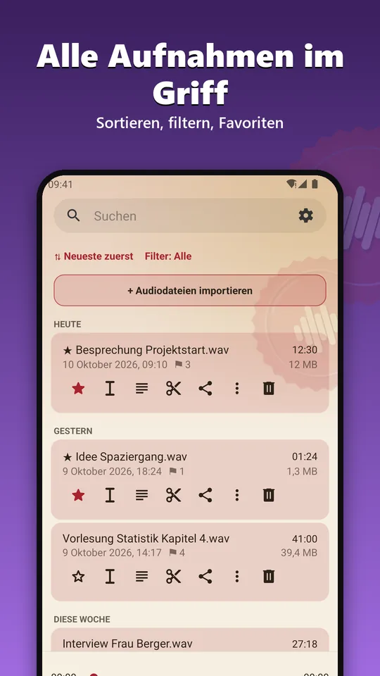 Bibliothek mit Sortierung, Filter, Favoriten und Datumsgruppen