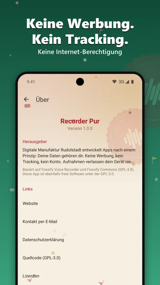 Info-Bildschirm mit Hinweis auf Quellcode und Lizenz