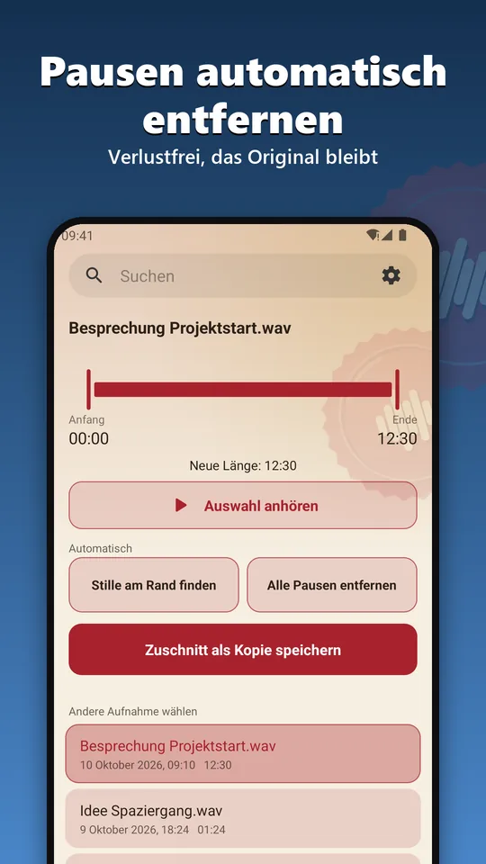 Schnitt-Tab: Stille am Rand finden, alle Pausen entfernen, Zuschnitt als Kopie speichern