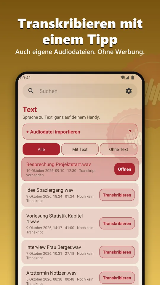 Text-Tab mit Transkribieren-Knopf in jeder Zeile und Import von Audiodateien