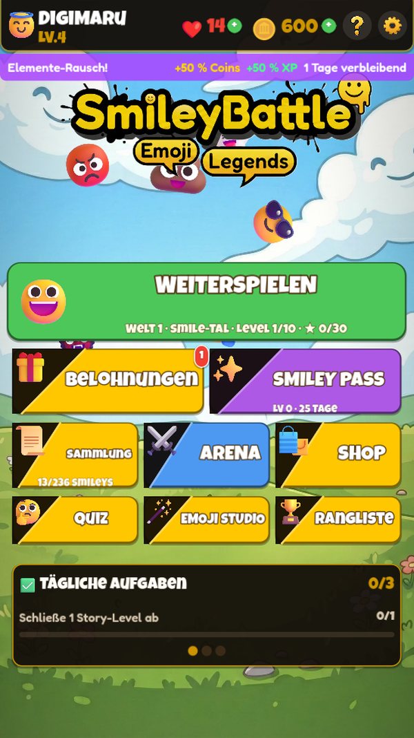 Hauptmenü von Smiley Battle mit Weiterspielen, Sammlung, Arena und Shop