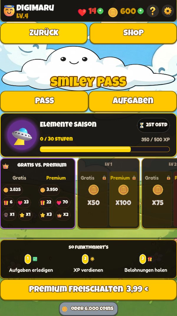 Smiley Pass mit 30 Stufen, gratis und Premium nebeneinander