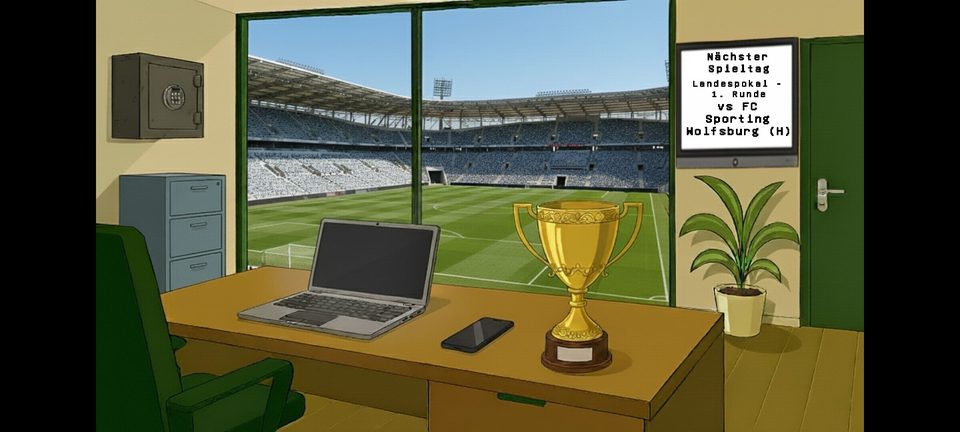 Das Managerbüro mit Blick ins Stadion