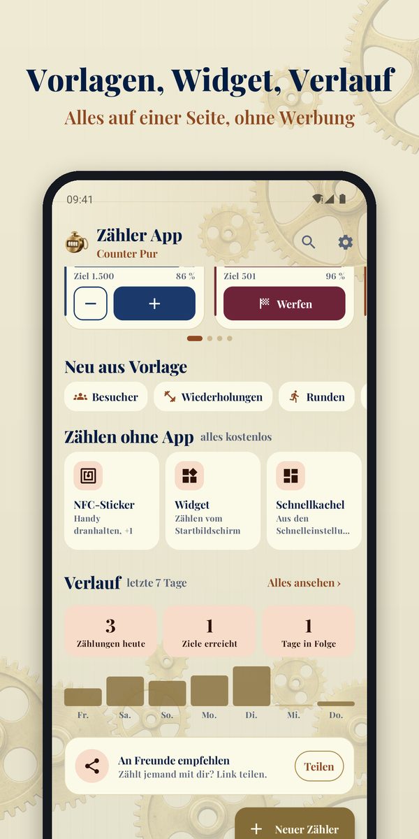 Vorlagen, Widget und Verlauf auf der Startseite