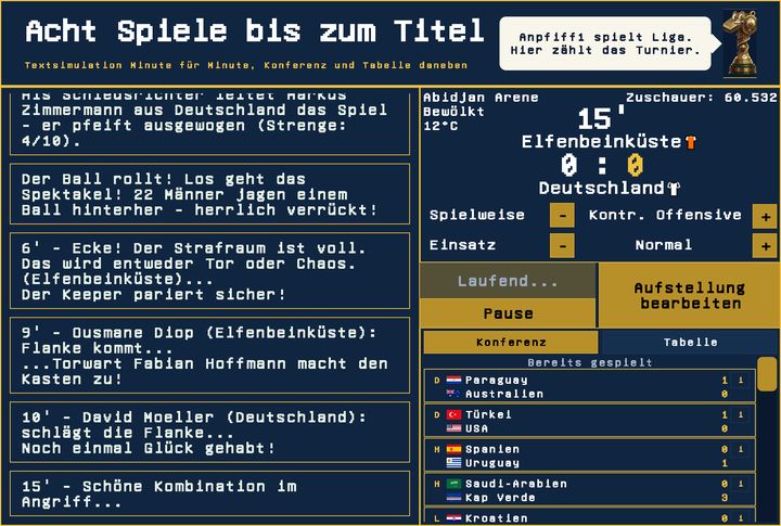 Spieltag mit Textsimulation, Konferenz und Tabelle
