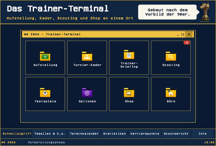 Trainer-Terminal mit Aufstellung, Kader und Scouting